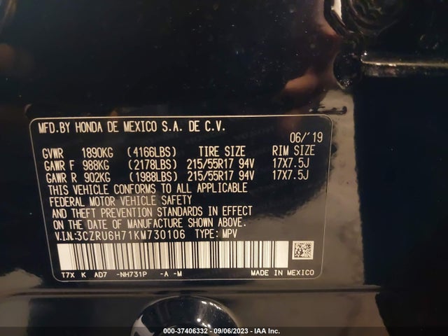 37406332 :رقم المزاد ، 3CZRU6H71KM730106 vin ، 2019 Honda Hr-v Ex-l مزاد بيع