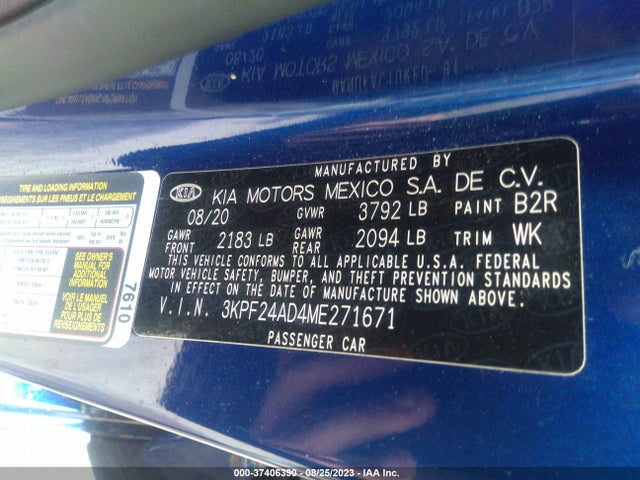 2021 KIA FORTE LXS VIN: 3KPF24AD4ME271671