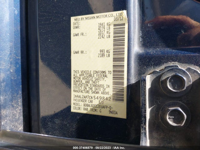 2012 NISSAN ALTIMA BAS VIN: 1N4AL2AP7CN549842