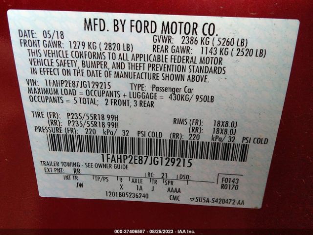1FAHP2E87JG129215 Ford TAURUS SEL