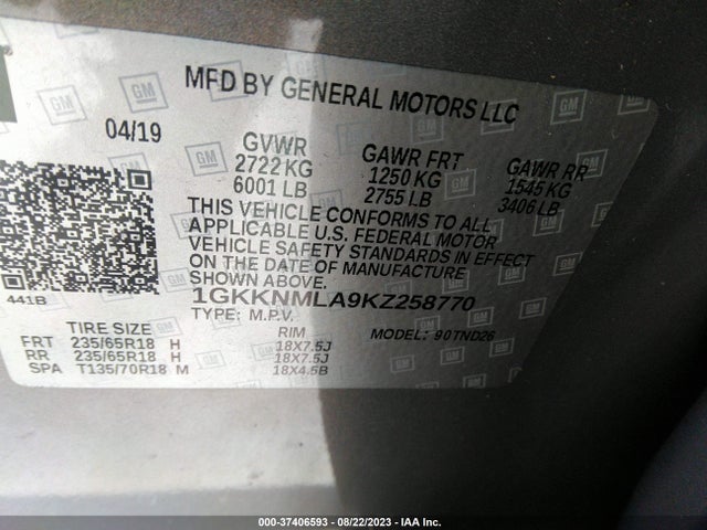 GMC ACADIA SLT 2019 1GKKNMLA9KZ258770 Image 9