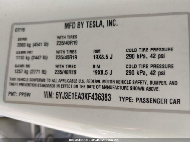 5YJ3E1EA3KF436383 Tesla Model 3 Standard Range Plus