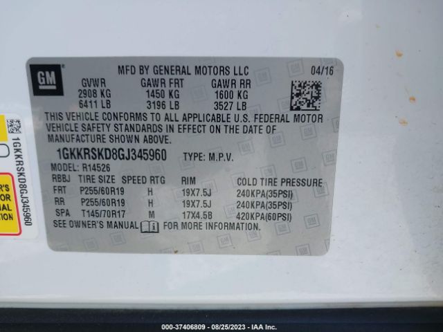1GKKRSKD8GJ345960 GMC ACADIA SLT