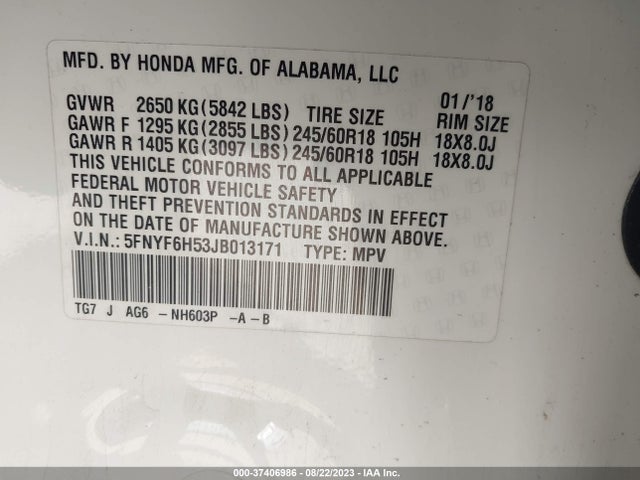 Honda Pilot Ex-l 2018 5FNYF6H53JB013171 Image 9
