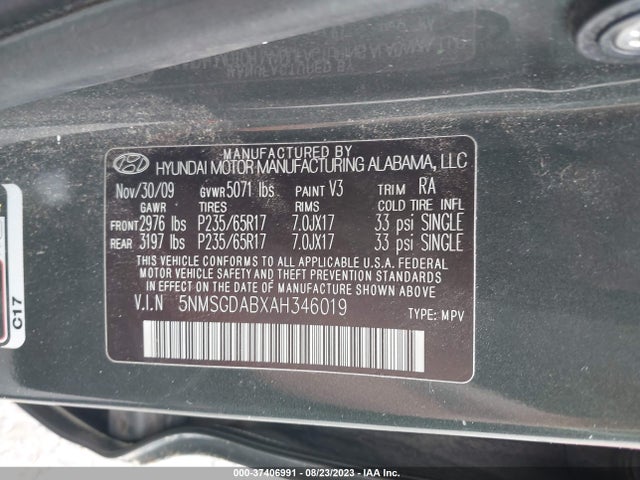 2010 HYUNDAI SANTA FE GLS VIN: 5NMSGDABXAH346019
