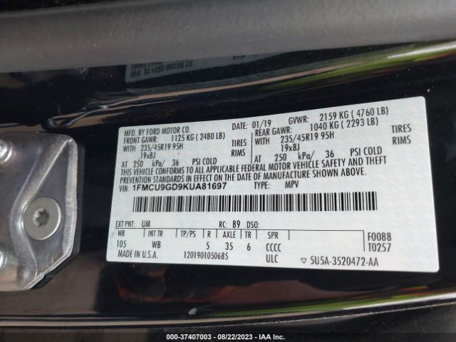 1FMCU9GD9KUA81697 Ford ESCAPE SE