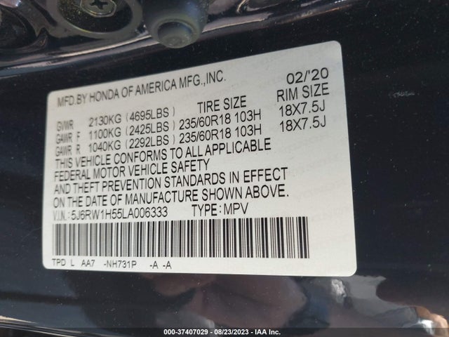 Honda CR-V EX 2020 5J6RW1H55LA006333 Image 9