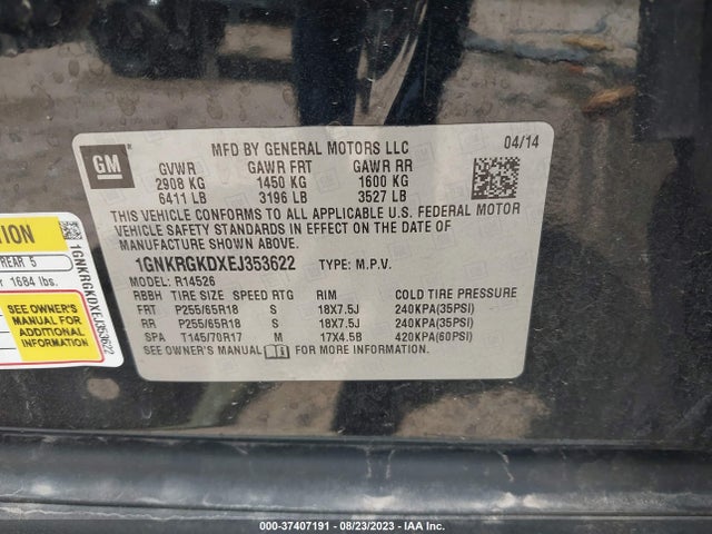 Chevrolet Traverse Lt 2014 1GNKRGKDXEJ353622 Image 9