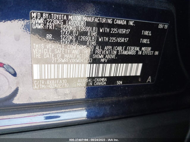 2019 TOYOTA RAV4 HYBRID XLE VIN: 2T3RWRFVXKW045233