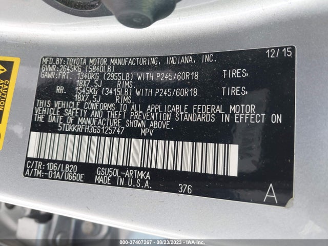 Toyota Highlander Xle 2016 5TDKKRFH3GS125747 Image 9