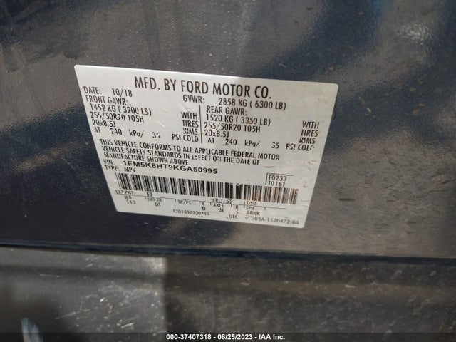 2019 FORD EXPLORER PLATINUM VIN: 1FM5K8HT9KGA50995
