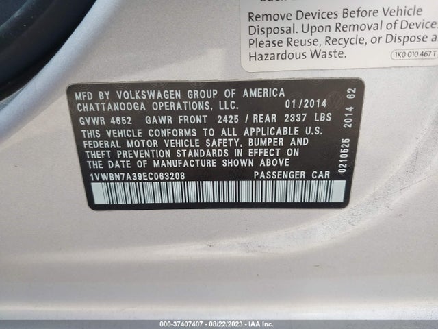 1VWBN7A39EC063208 Volkswagen Passat Tdi Se W/sunroof & Nav