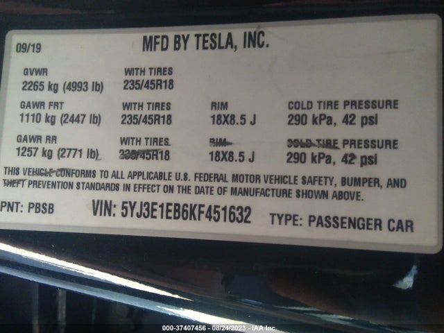 Tesla Model 3 Long Range/performance 2019 5YJ3E1EB6KF451632 Image 9