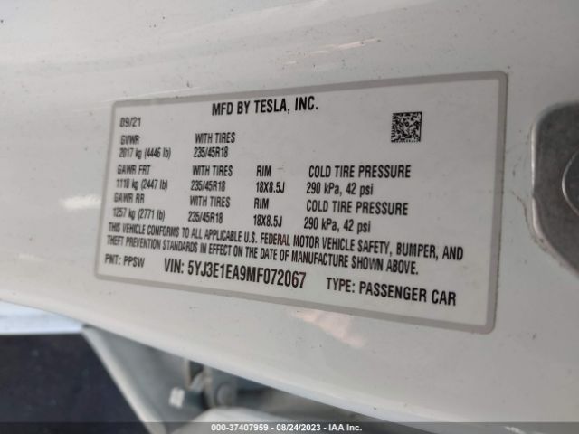 5YJ3E1EA9MF072067 Tesla Model 3 Standard Range Plus
