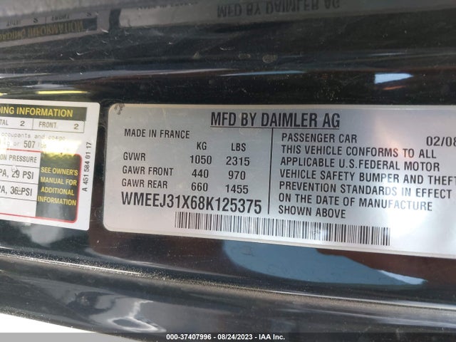 2008 SMART FORTWO PURE/PASSION VIN: WMEEJ31X68K125375