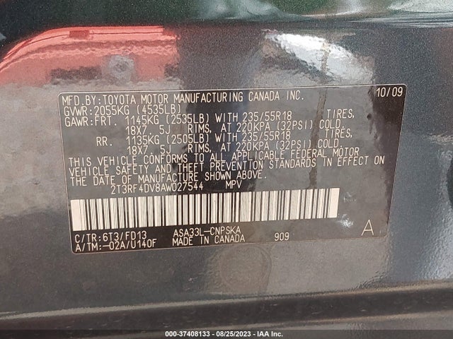2010 TOYOTA RAV4 SPORT VIN: 2T3RF4DV8AW027544