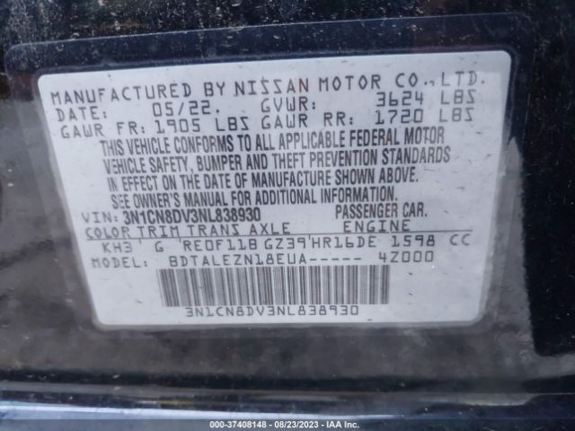 3N1CN8DV3NL838930 Nissan VERSA S