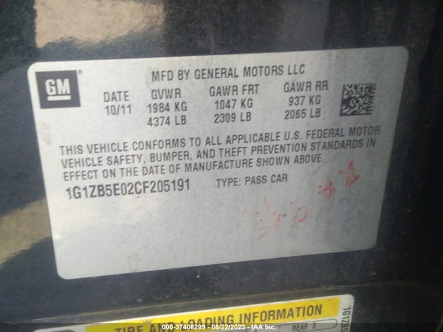 2012 CHEVROLET MALIBU LS W/1LS VIN: 1G1ZB5E02CF205191