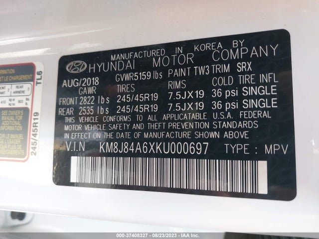 2019 HYUNDAI NEXO LIMITED VIN: KM8J84A6XKU000697