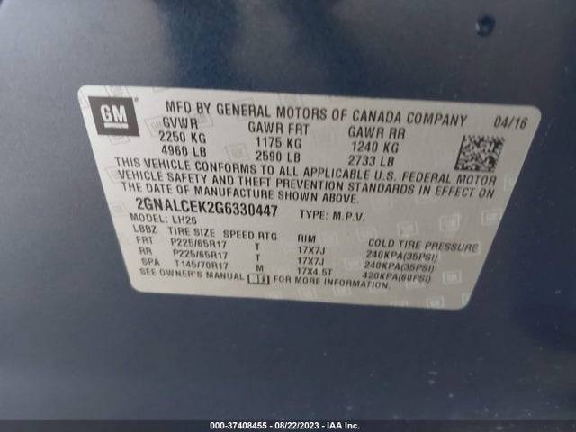 Chevrolet EQUINOX LT 2016 2GNALCEK2G6330447 Image 9