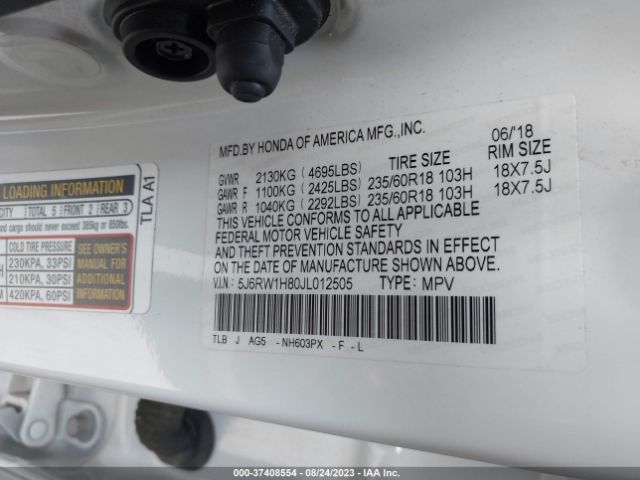 5J6RW1H80JL012505 Honda Cr-v Ex-l