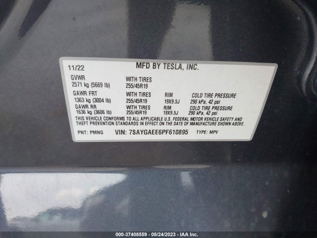 2023 TESLA MODEL Y LONG RANGE VIN: 7SAYGAEE6PF610895
