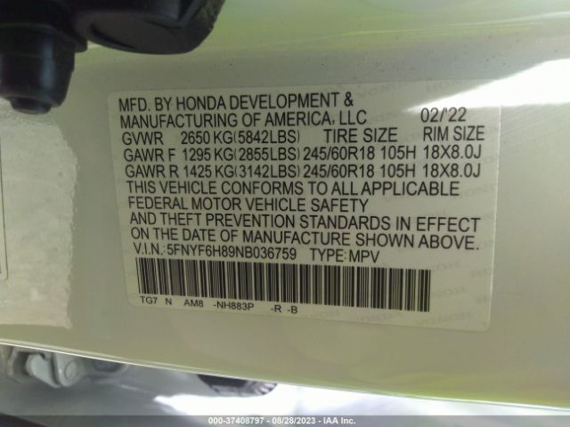 5FNYF6H89NB036759 Honda Pilot Trailsport