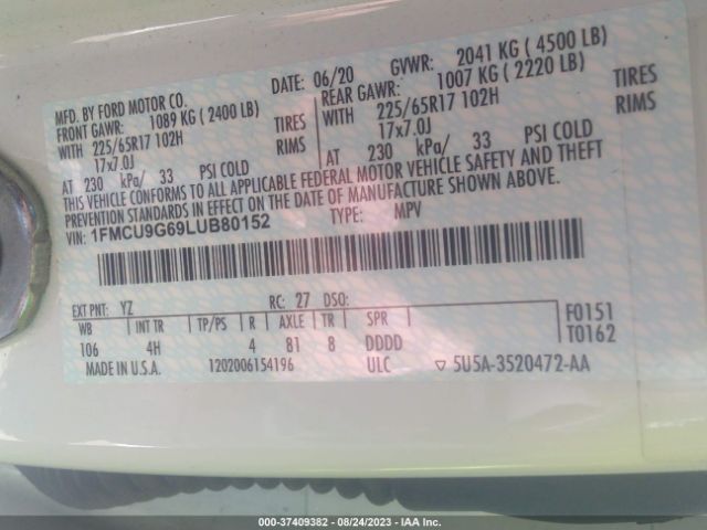 1FMCU9G69LUB80152 Ford ESCAPE SE