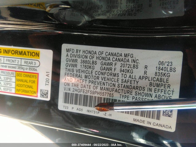 2023 HONDA CIVIC SEDAN SPORT VIN: 2HGFE2F59PH557765