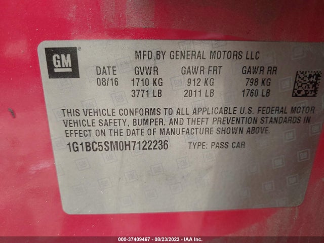 Chevrolet CRUZE LS 2017 1G1BC5SM0H7122236 Image 9