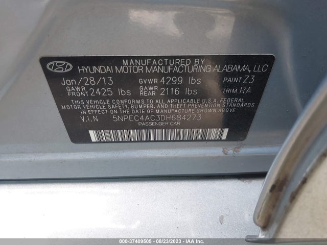 2013 HYUNDAI SONATA LIMITED VIN: 5NPEC4AC3DH684273