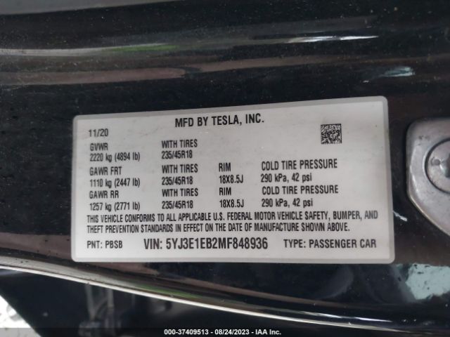 5YJ3E1EB2MF848936 Tesla Model 3 Long Range