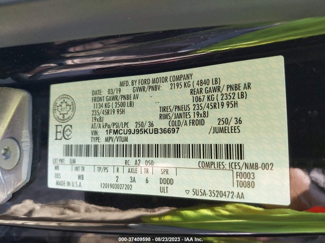 2019 FORD ESCAPE TITANIUM VIN: 1FMCU9J95KUB36697