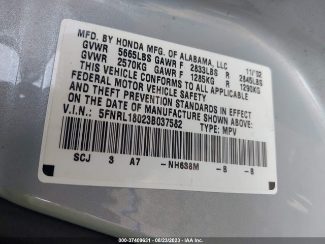2003 HONDA ODYSSEY EX-L VIN: 5FNRL18023B037582