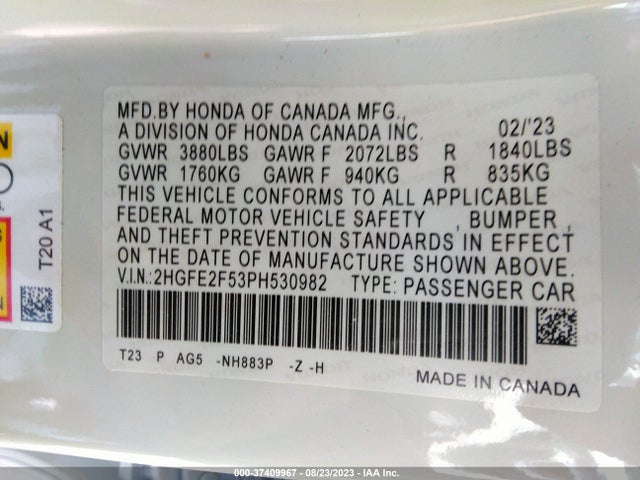 2023 HONDA CIVIC SEDAN SPORT VIN: 2HGFE2F53PH530982