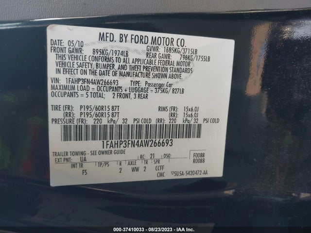 2010 FORD FOCUS SE VIN: 1FAHP3FN4AW266693