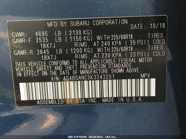 Subaru Outback Limited 2019 4S4BSANC5K3243201 Image 9