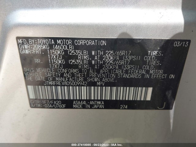 2013 TOYOTA RAV4 XLE VIN: JTMRFREV8D5009942