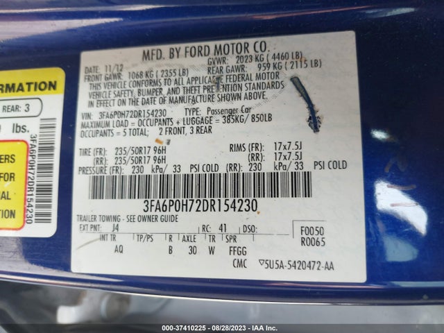 2013 FORD FUSION SE VIN: 3FA6P0H72DR154230
