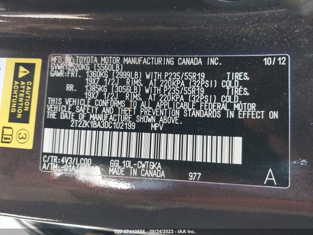 2013 LEXUS RX 350 VIN: 2T2ZK1BA3DC102199