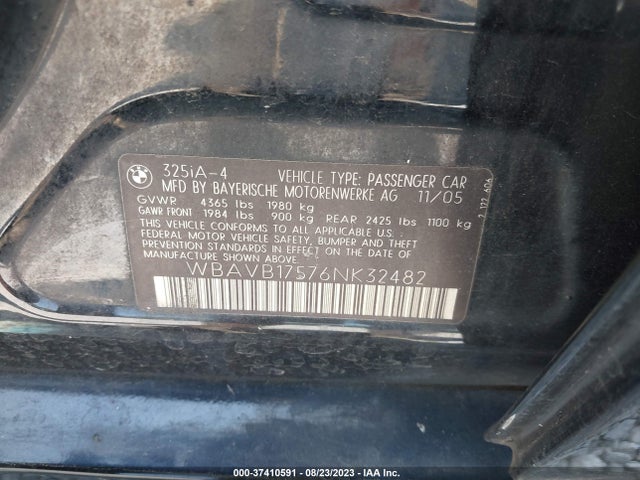 37410591 :رقم المزاد ، WBAVB17576NK32482 vin ، 2006 Bmw 3 Series 325i مزاد بيع