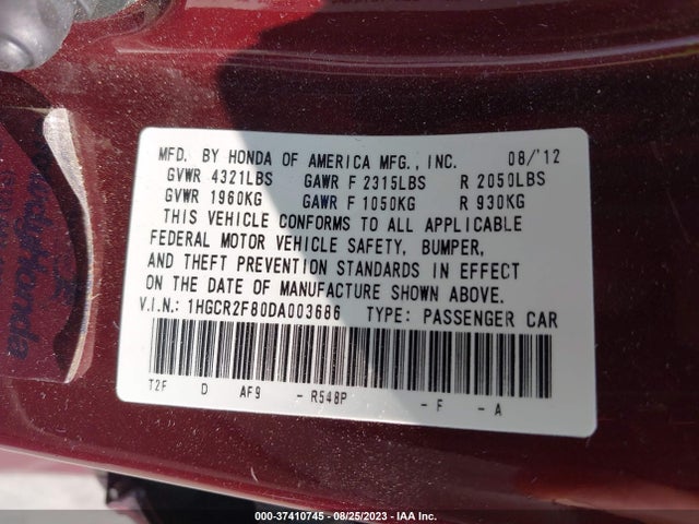 2013 HONDA ACCORD EX-L VIN: 1HGCR2F80DA003686