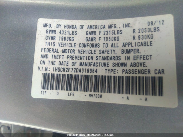 2013 HONDA ACCORD SDN EX VIN: 1HGCR2F72DA016964