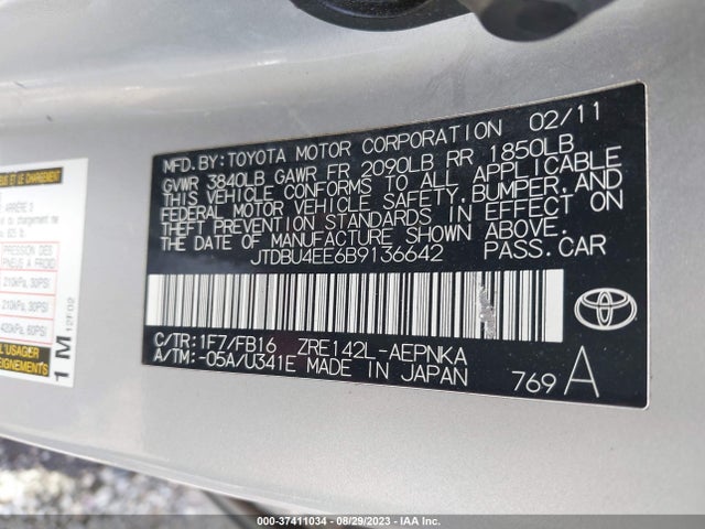 2011 TOYOTA COROLLA L/LE/S VIN: JTDBU4EE6B9136642