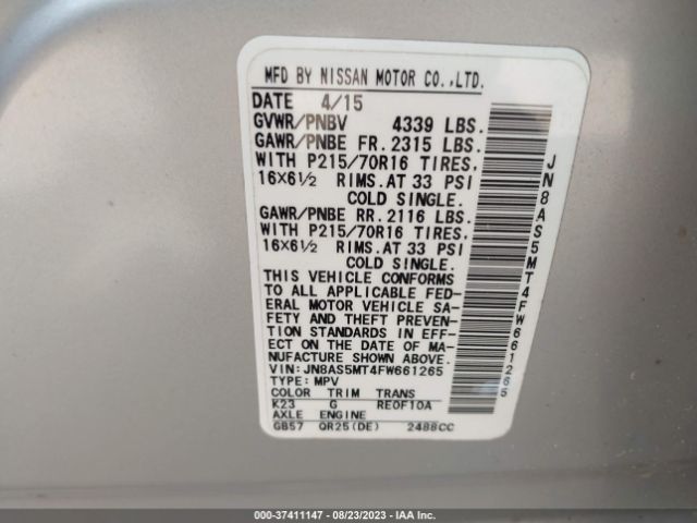 JN8AS5MT4FW661265 Nissan Rogue Select S