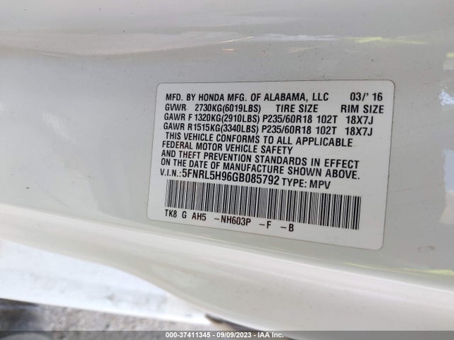 Honda Odyssey Touring 2016 5FNRL5H96GB085792 Image 9