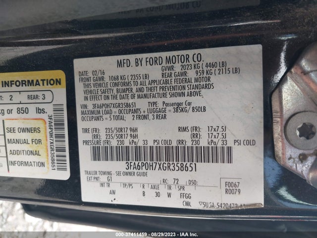 Ford FUSION SE 2016 3FA6P0H7XGR358651 Image 9