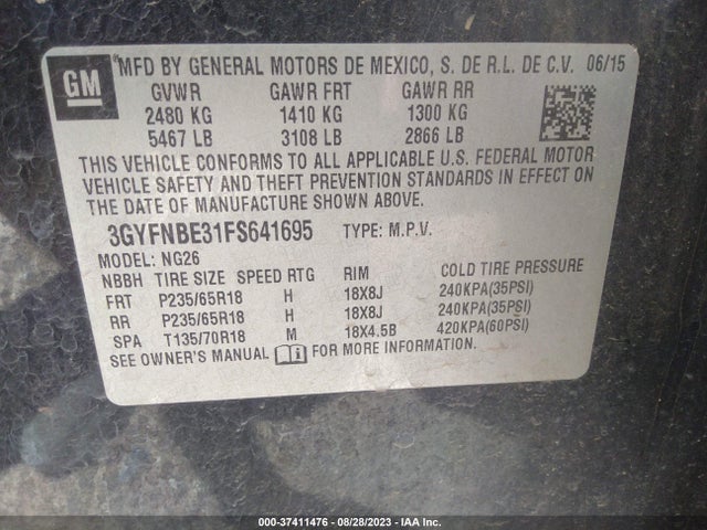 3GYFNBE31FS641695 Cadillac Srx Luxury Collection