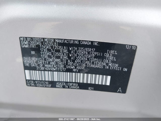 2011 TOYOTA RAV4 VIN: 2T3BF4DV4BW111217