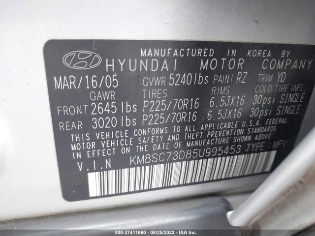 2005 HYUNDAI SANTA FE GLS VIN: KM8SC73D85U995453